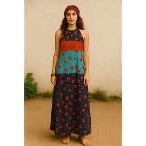 The Red Eye Spaghetti Strap Halter Colorful Patchwork Maxi Sundress Size 5